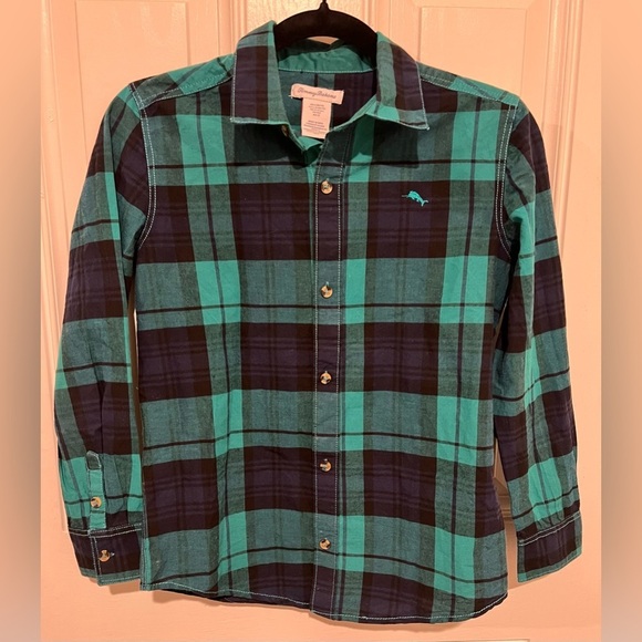 Tommy Bahama Kids Boys Green & Blue Plaid Button Down Shirt in Size Large 10/12 - Picture 3 of 16